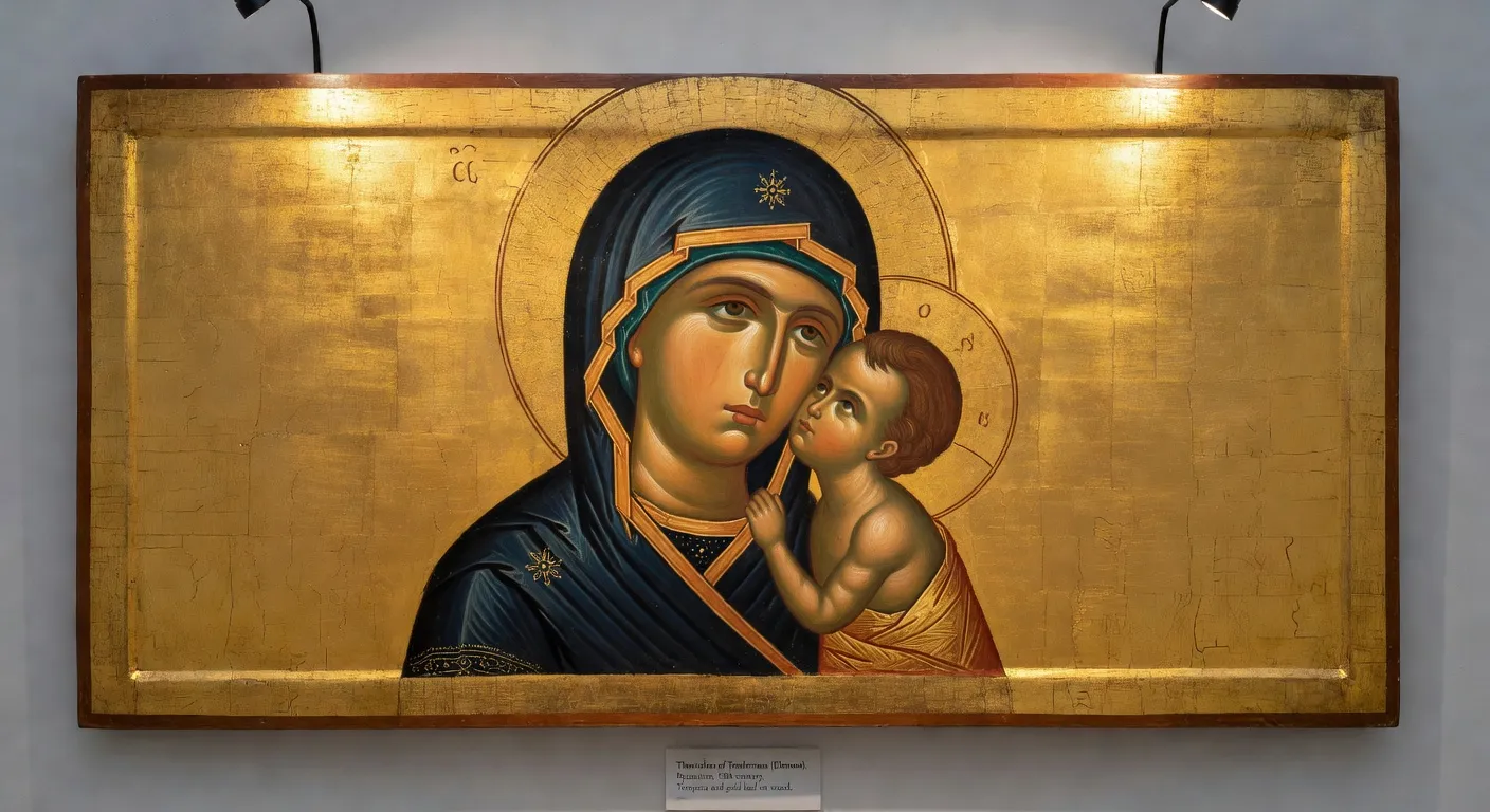 Icone byzantine de la Vierge de tendresse avec fond dore et pigments naturels sur panneau de bois
