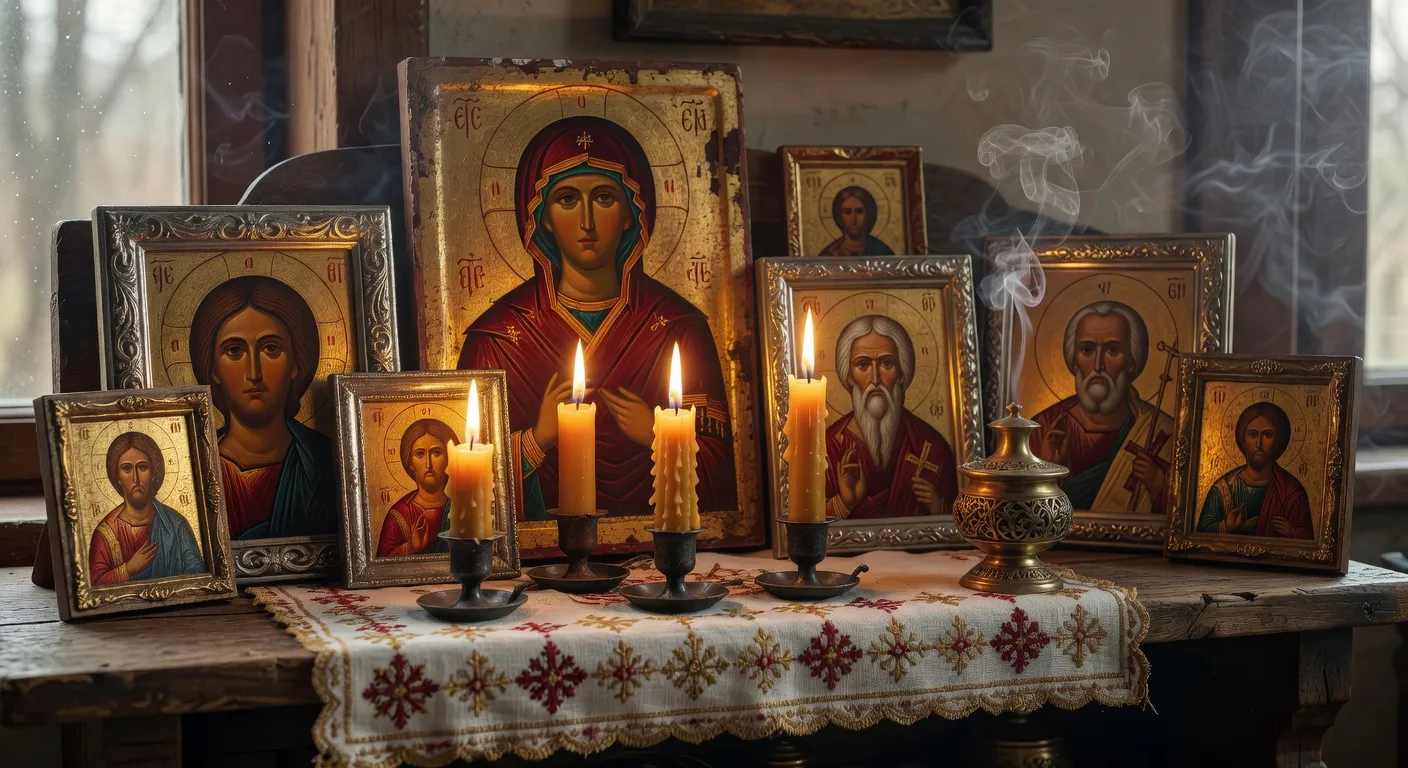 Icones orthodoxes disposees sur une etagere en bois avec veilleuse et bougies dans un coin priere domestique