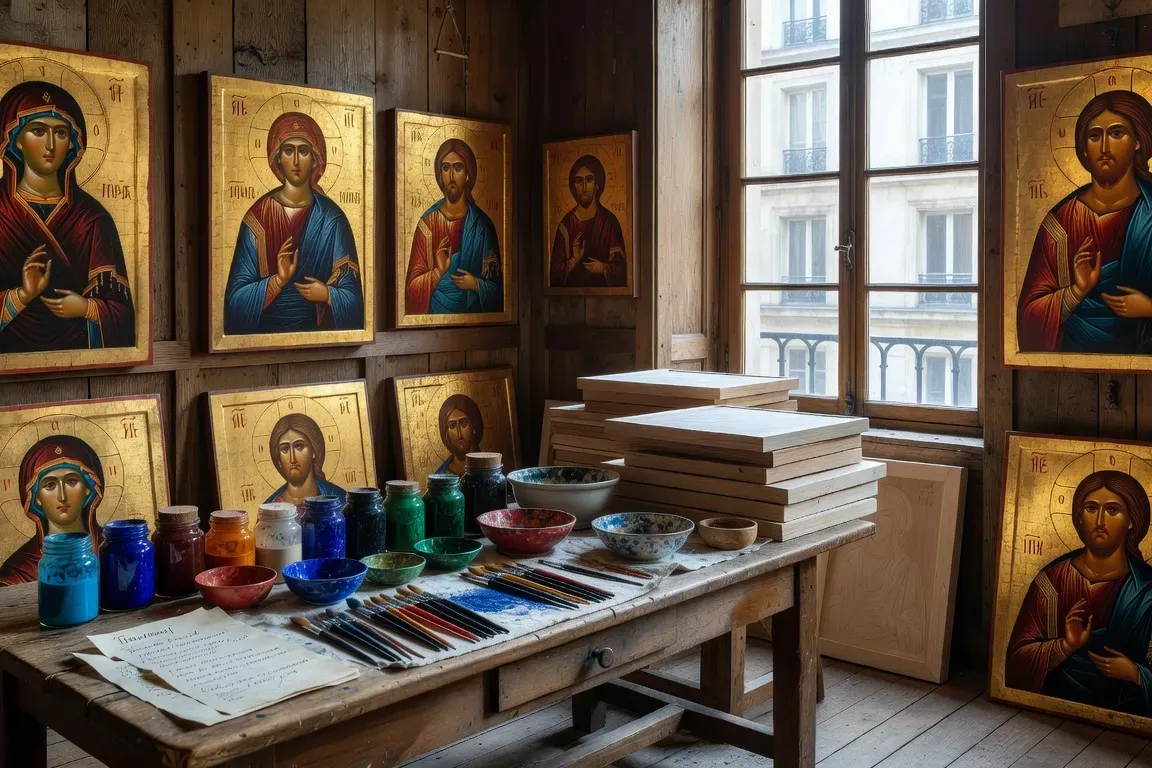 Atelier d'iconographie avec icone de la Mere de Dieu en cours de realisation, planches de tilleul et bols de pigments mineraux