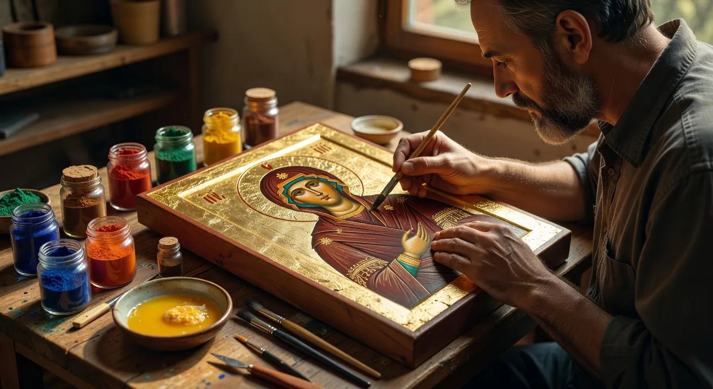 Iconographe appliquant des pigments naturels et de la feuille d'or sur une planche de bois dans un atelier traditionnel