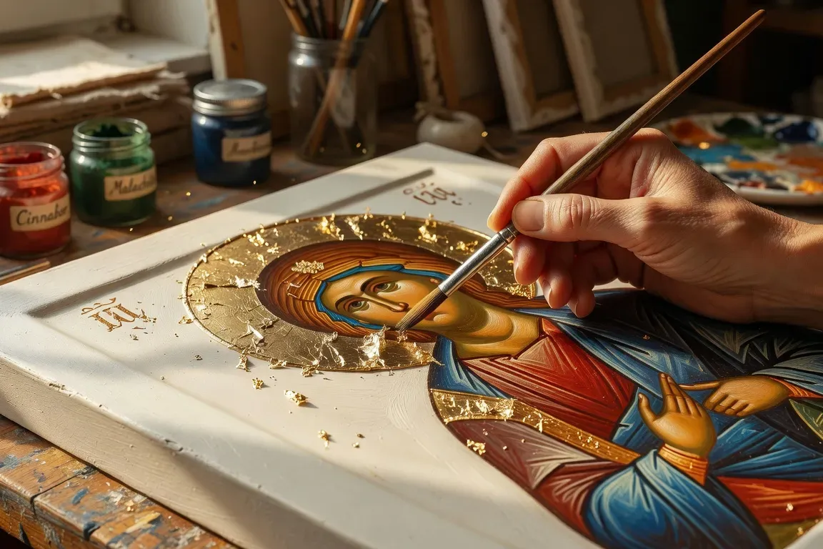 Mains d'iconographe broyant des pigments naturels et preparant la tempera a l'oeuf dans un atelier traditionnel
