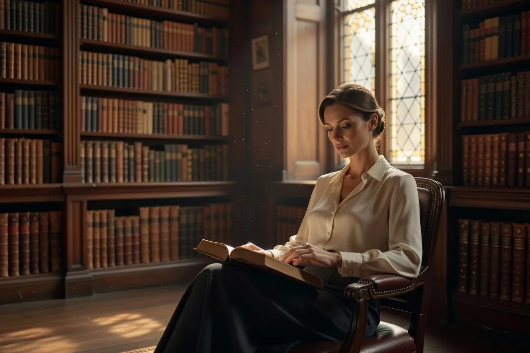 Femme assise dans une bibliothèque ancienne, lisant un ouvrage relié près d'une fenêtre en ogive