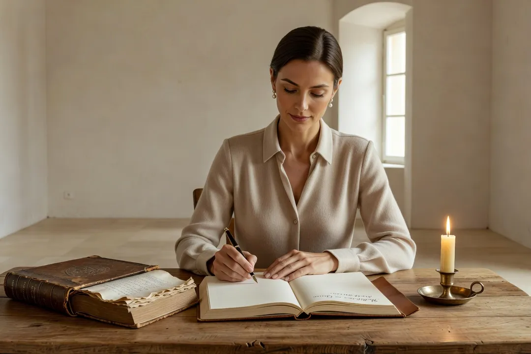 Femme écrivant à la lumière d'une bougie près d'un livre ancien ouvert
