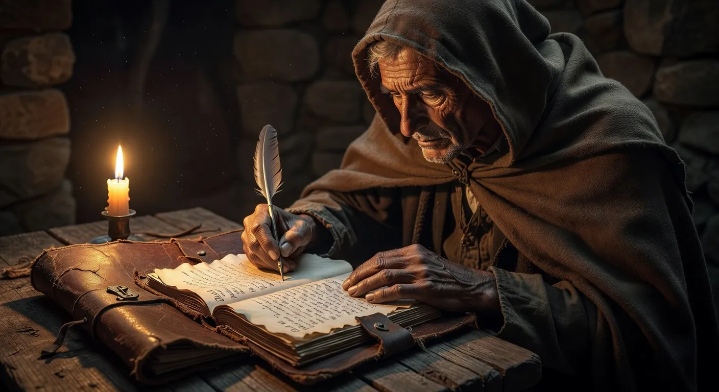 Journal de pelerin ouvert avec des notes manuscrites a cote d'une bougie allumee dans un refuge de montagne