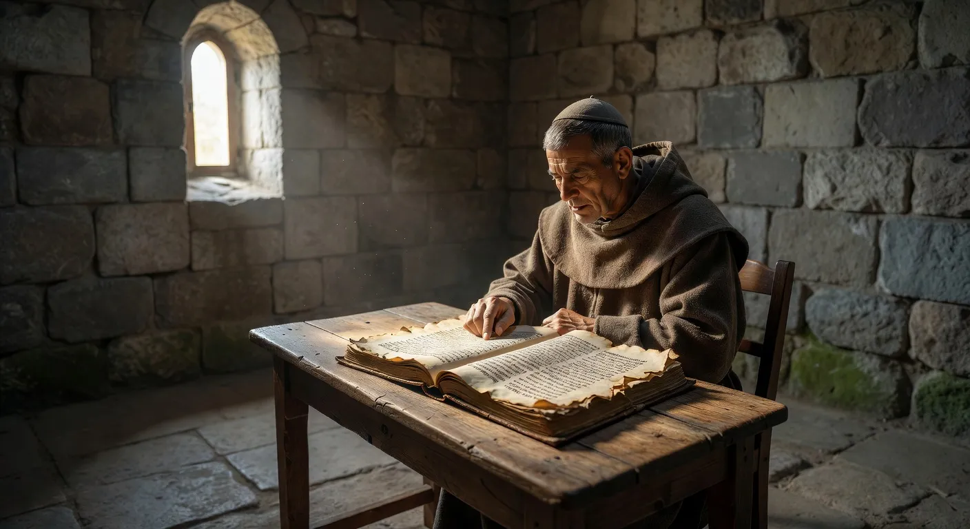 Mains feuilletant une ancienne Bible reliee en cuir avec des enluminures dorees visibles sur la page