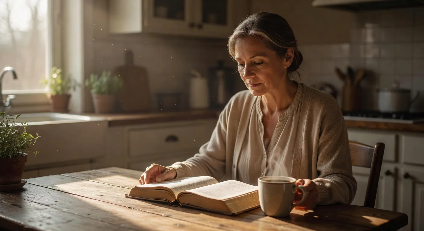 Personne lisant la Bible le matin pres d'une fenetre baignee de lumiere naturelle avec une tasse de the
