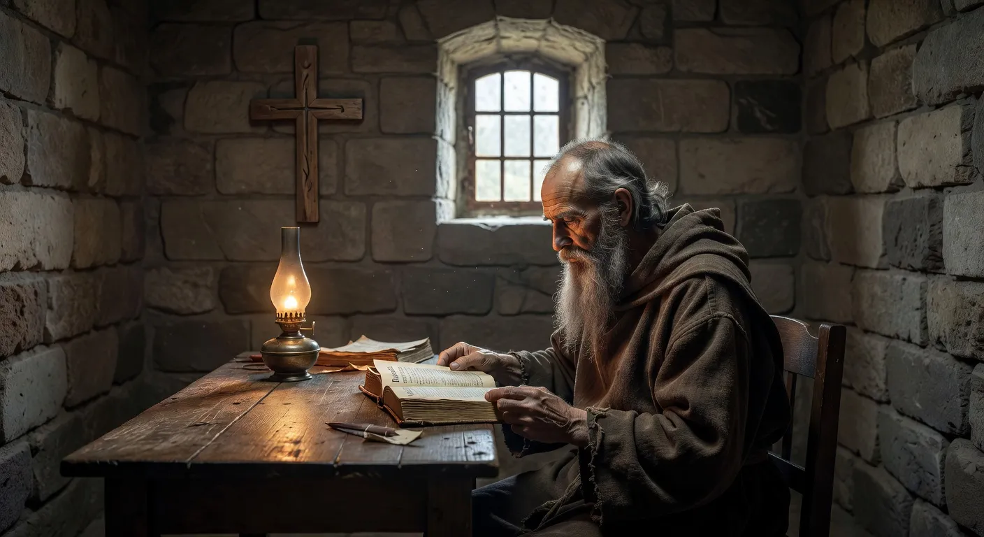 Cloitre monastique avec un livre de meditations ouvert sur un banc de pierre baigne de lumiere matinale
