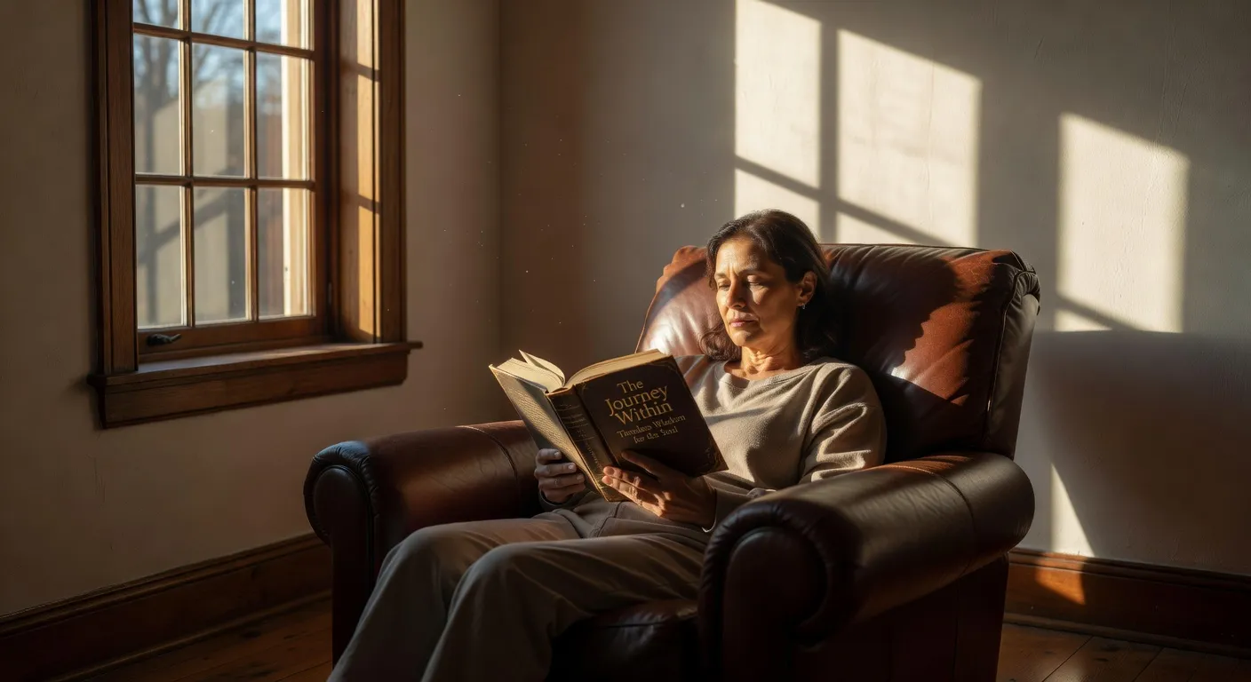 Personne lisant un livre spirituel assise pres d'une fenetre baignee de lumiere douce