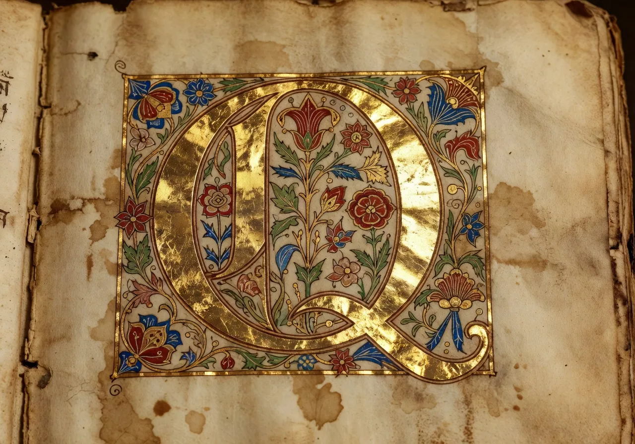 Detail d'une lettrine enluminee avec feuille d'or et entrelacs vegetaux sur un parchemin medieval