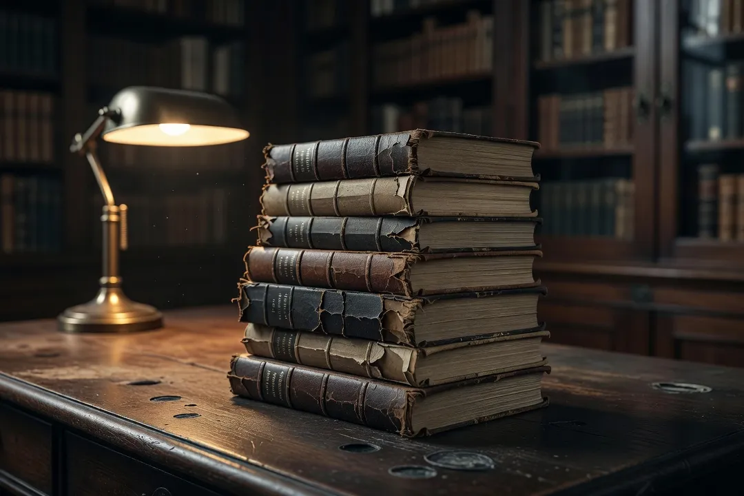Éditions anciennes de romans de Bernanos et Mauriac posées sur un bureau en bois, lumière tamisée de bibliothèque