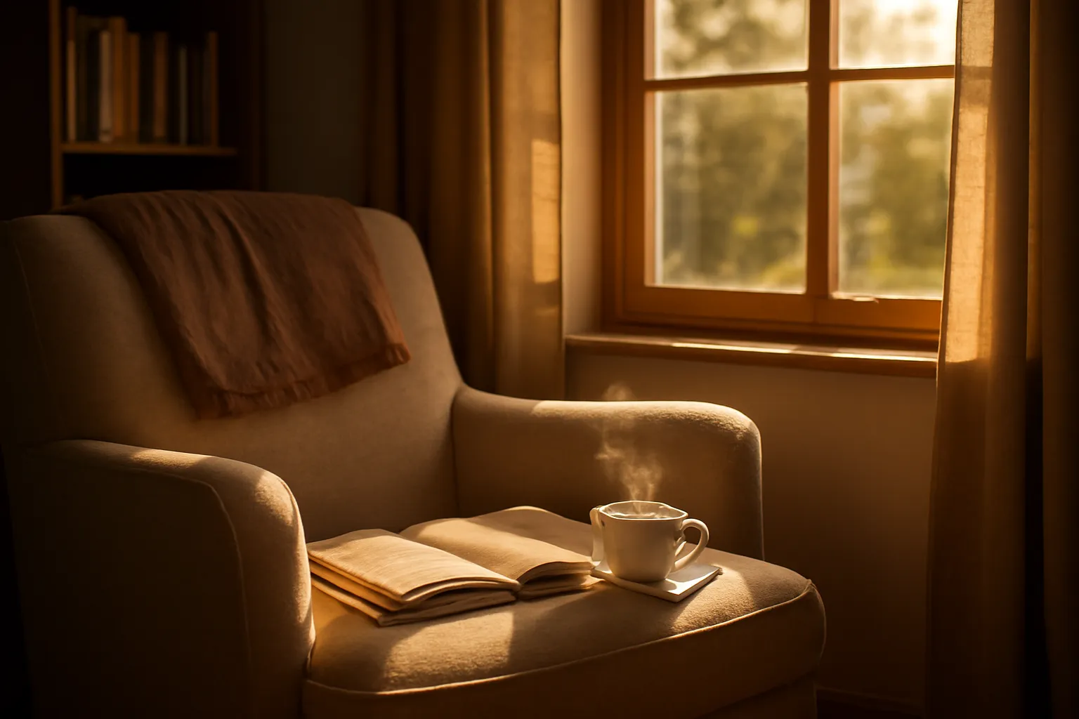 Coin lecture avec fauteuil, tasse de thé et roman ouvert, ambiance recueillie pour la lecture spirituelle