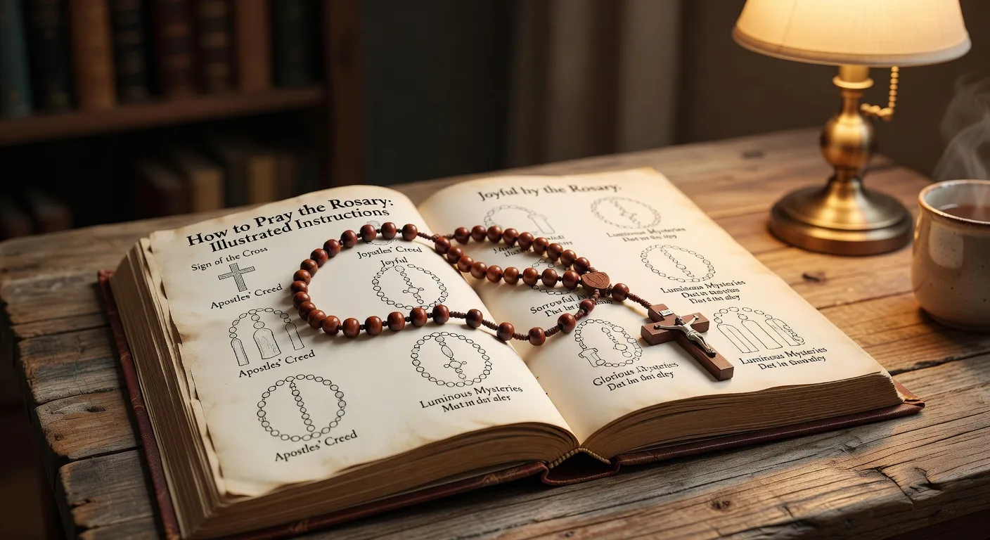 Livre ancien sur le rosaire ouvert a une page de gravures avec un chapelet en bois pose dessus