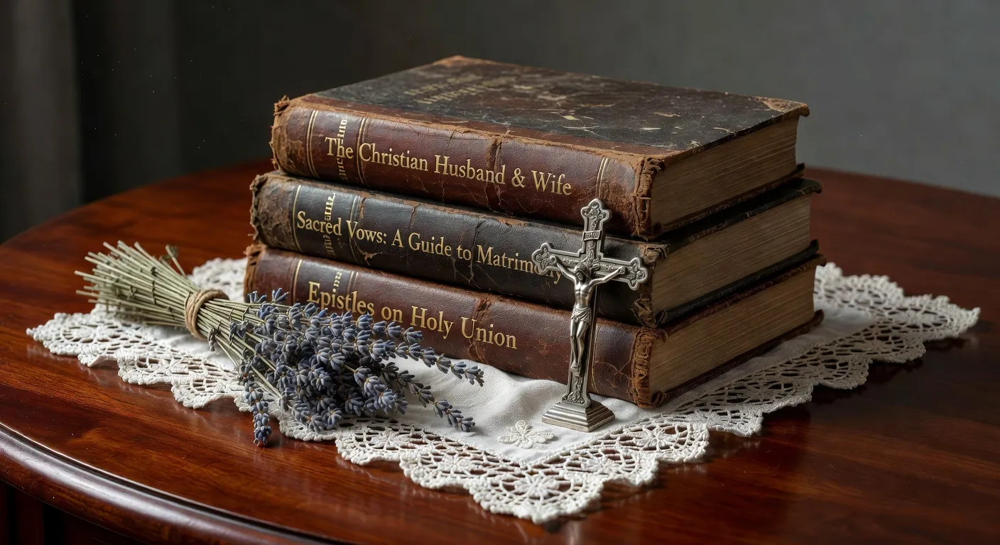 Pile de livres anciens relies en cuir sur la preparation au mariage dans une sacristie