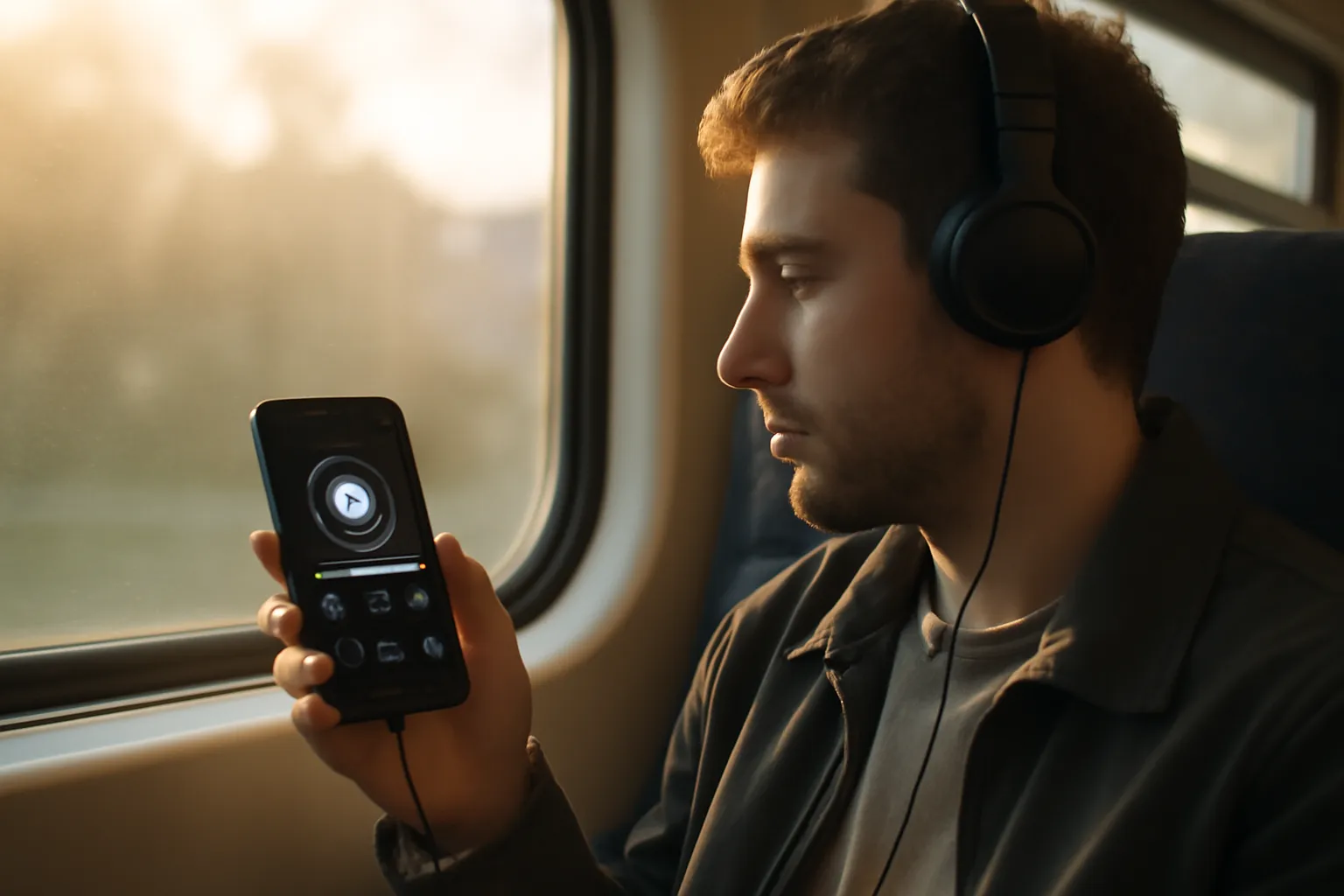 Personne écoutant un livre audio spirituel avec des écouteurs pendant un trajet en train, lumière du matin