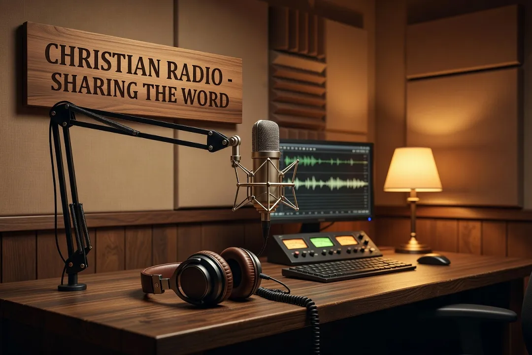 Studio de radio chrétienne avec micro et casque, ambiance chaleureuse de studio d'enregistrement