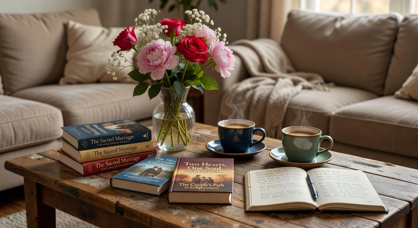 Selection de livres sur la spiritualite de couple poses sur une table en bois avec un bouquet de fleurs et deux tasses