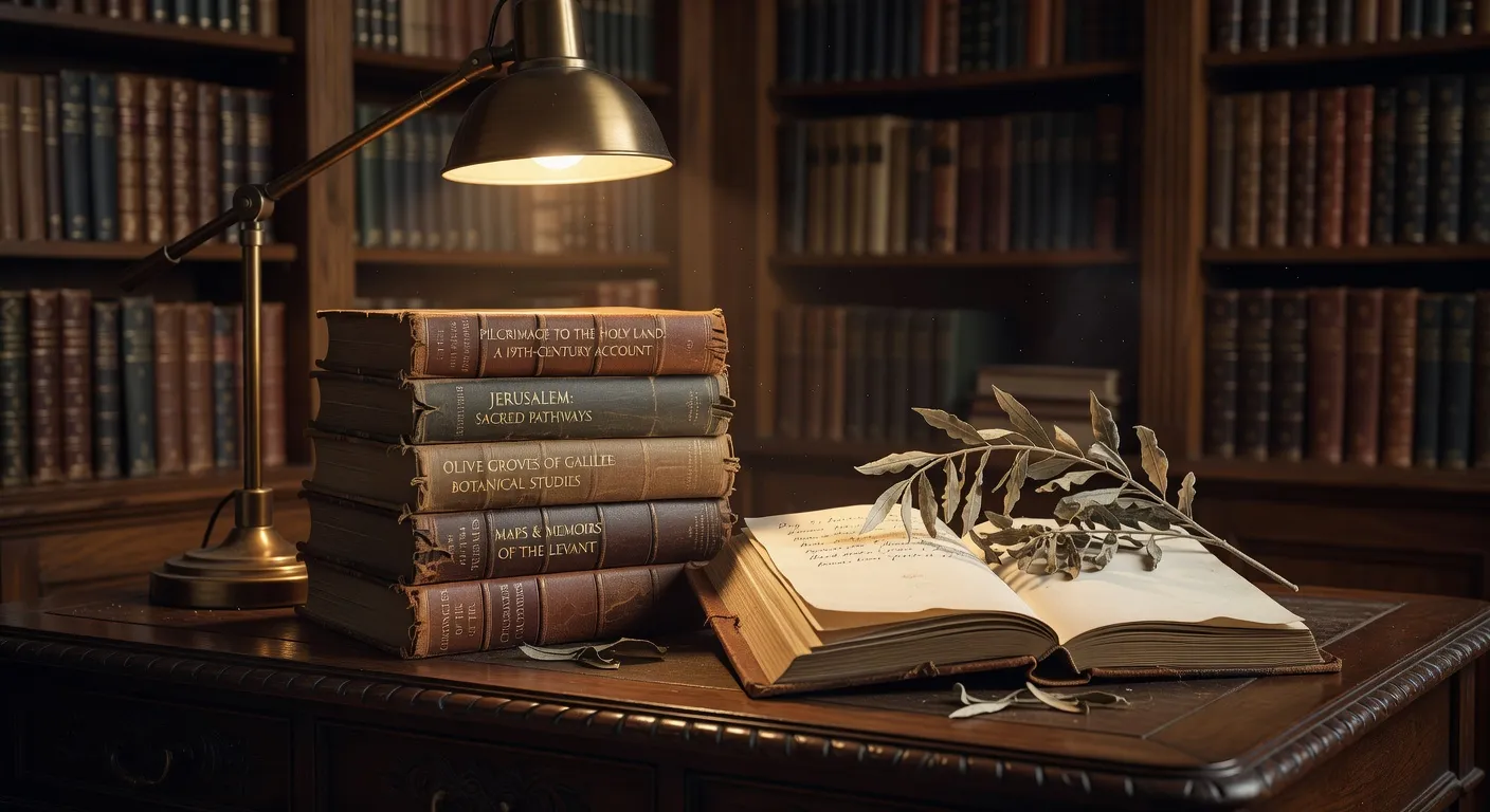 Livres de pelerinage en Terre Sainte empiles avec un Nouveau Testament et un petit crucifix en bois d'olivier