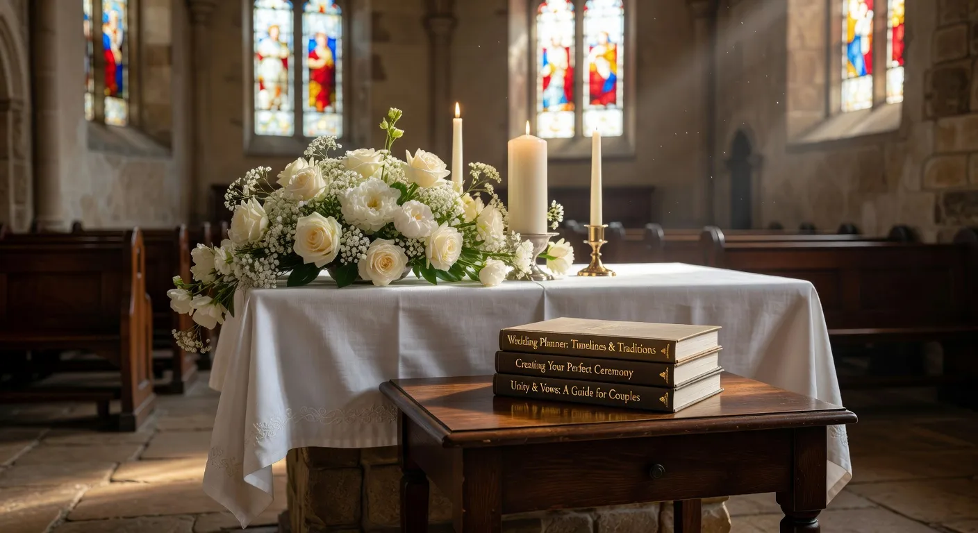 Selection de livres de preparation au mariage disposes sur un banc d'eglise avec un missel et un chapelet