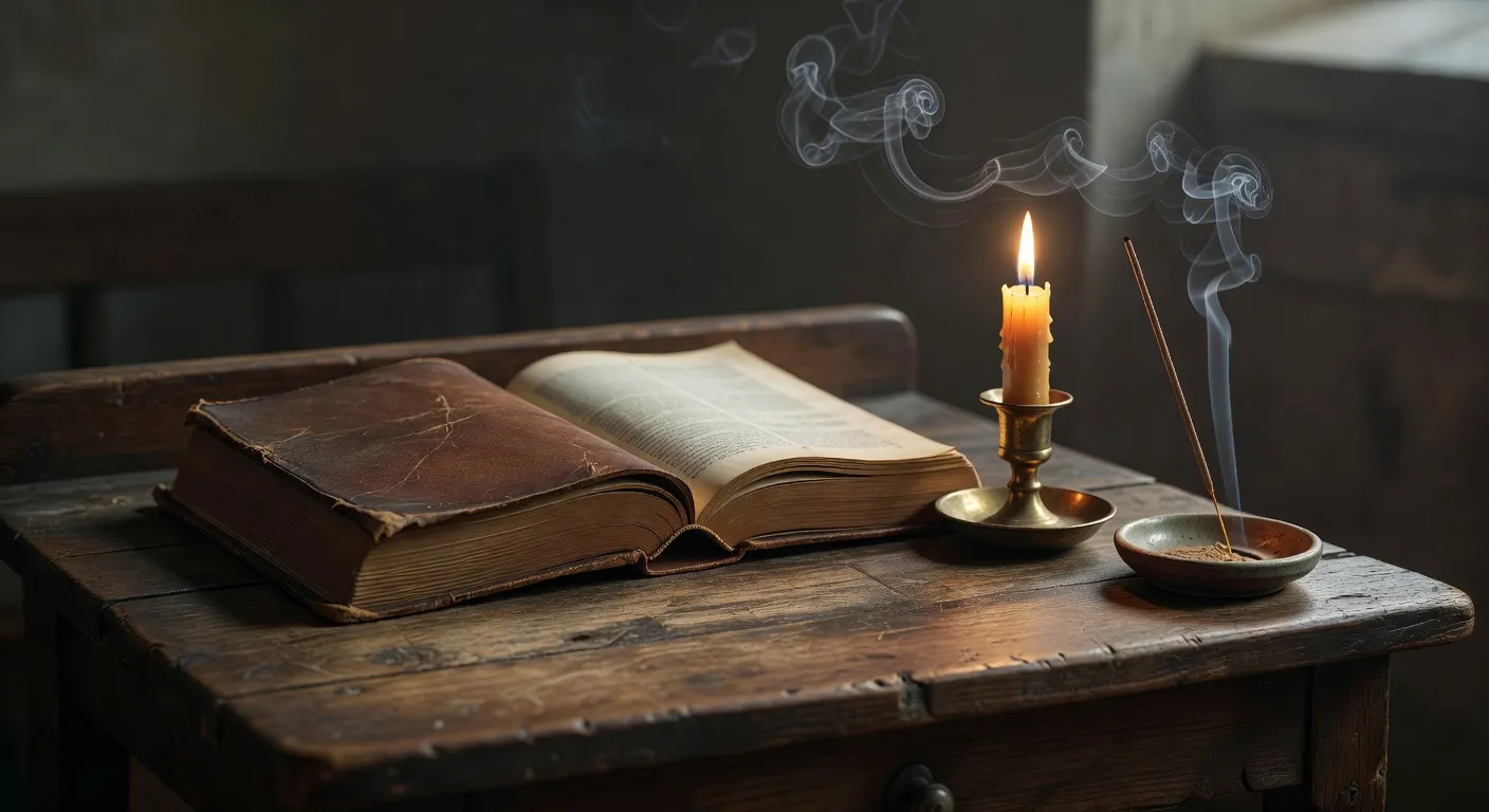 Livres de prieres orthodoxes et catholiques ouverts a cote d'un encensoir et d'une bougie allumee