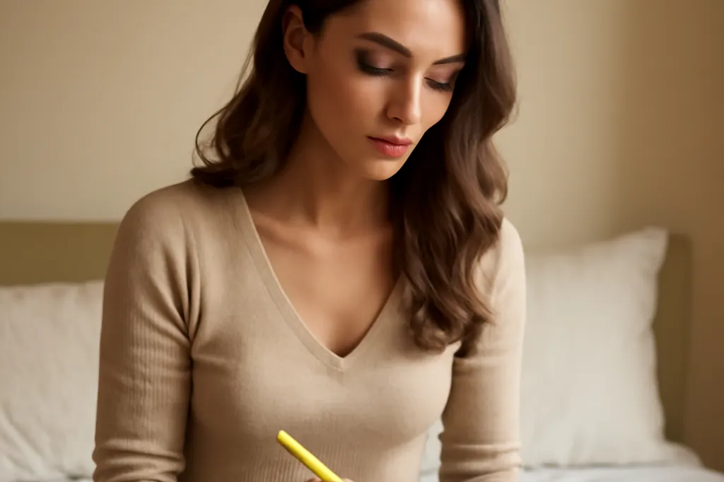 Jeune femme assise en tailleur sur un lit, lisant une Bible annotée avec un surligneur à la main