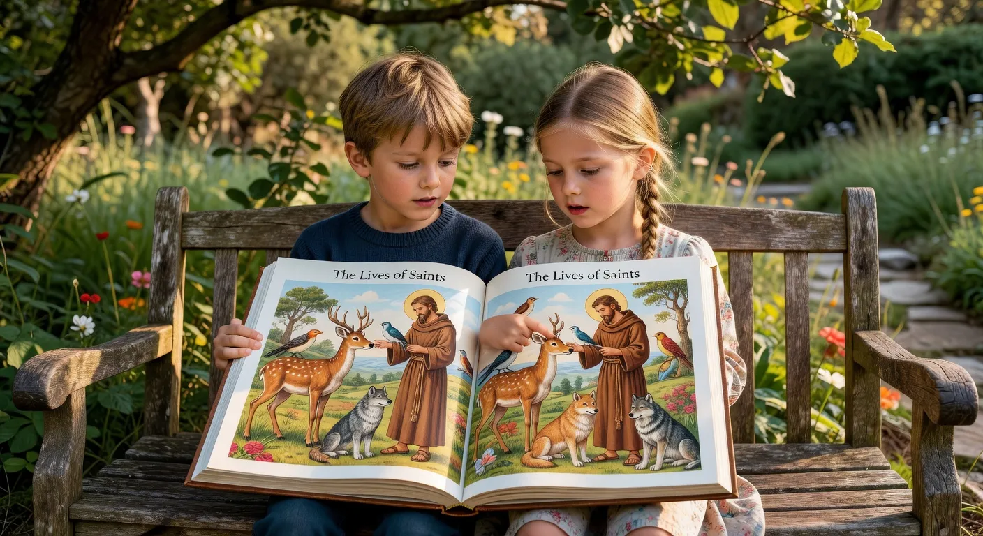 Enfant lisant un livre illustre sur les saints chretiens dans une bibliotheque familiale