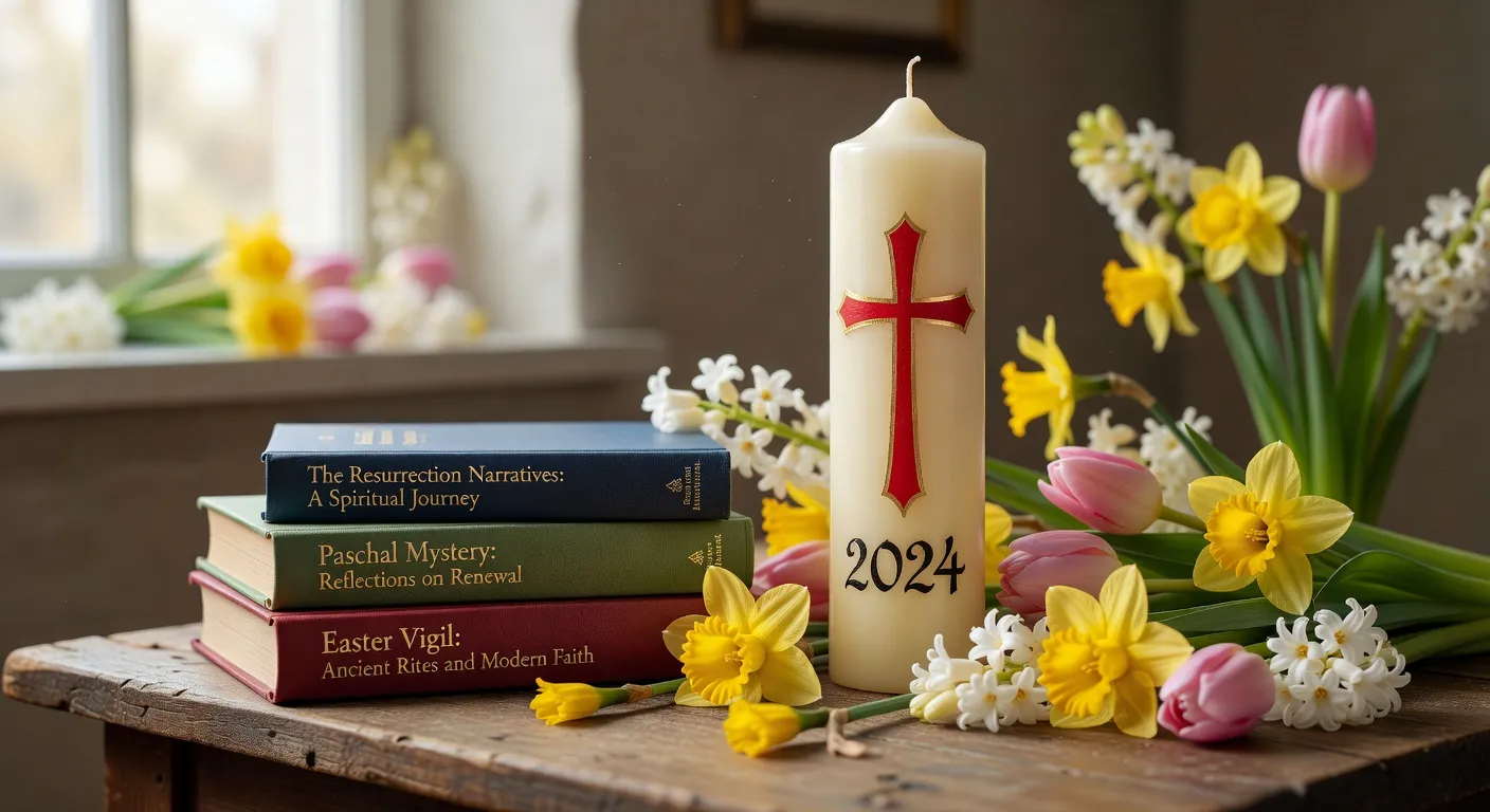Livres de spiritualite pascale poses a cote d'un cierge pascal orne de la croix et des lettres alpha et omega
