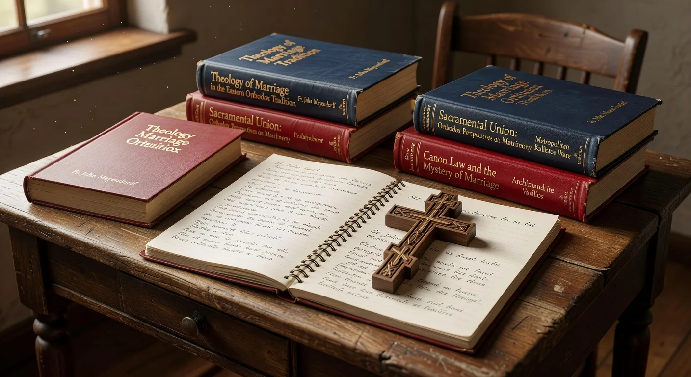 Ouvrages de theologie orthodoxe sur le mariage disposes sur un lutrin d'eglise avec croix byzantine
