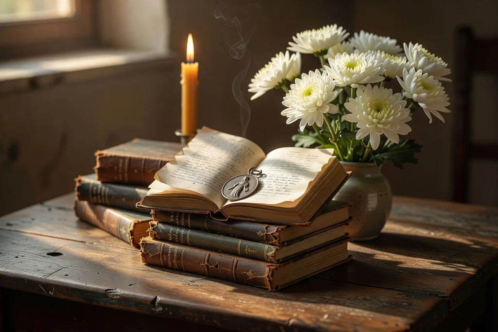 Table en bois dressée avec des livres de vies de saints, une bougie allumée et un bouquet de fleurs blanches pour le temps de la Toussaint