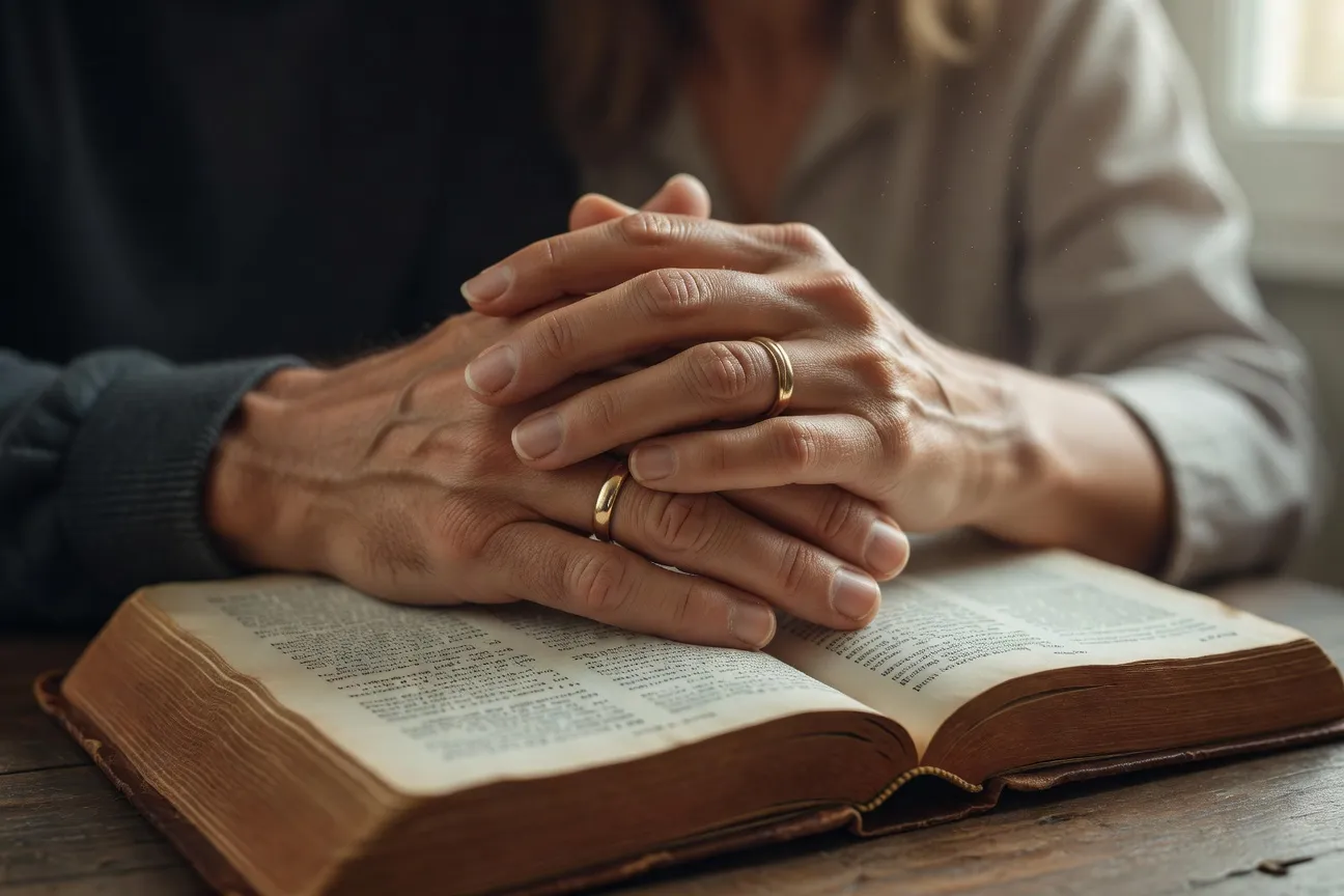 Mains d'un couple entrelacees au-dessus d'une Bible ouverte avec une bougie votive eclairant la page