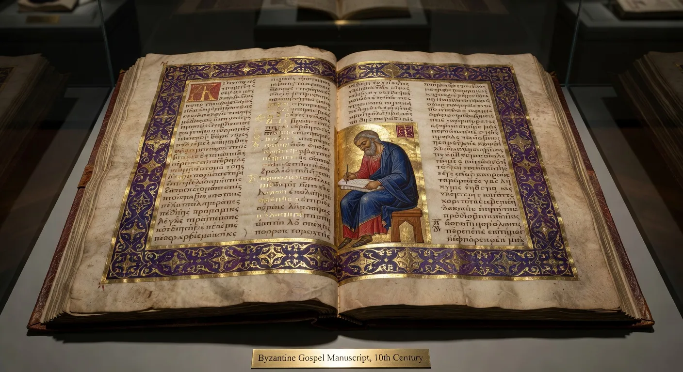 Page d'un evangeliaire byzantin avec miniature du Christ en majeste sur fond dore et bordure decoree