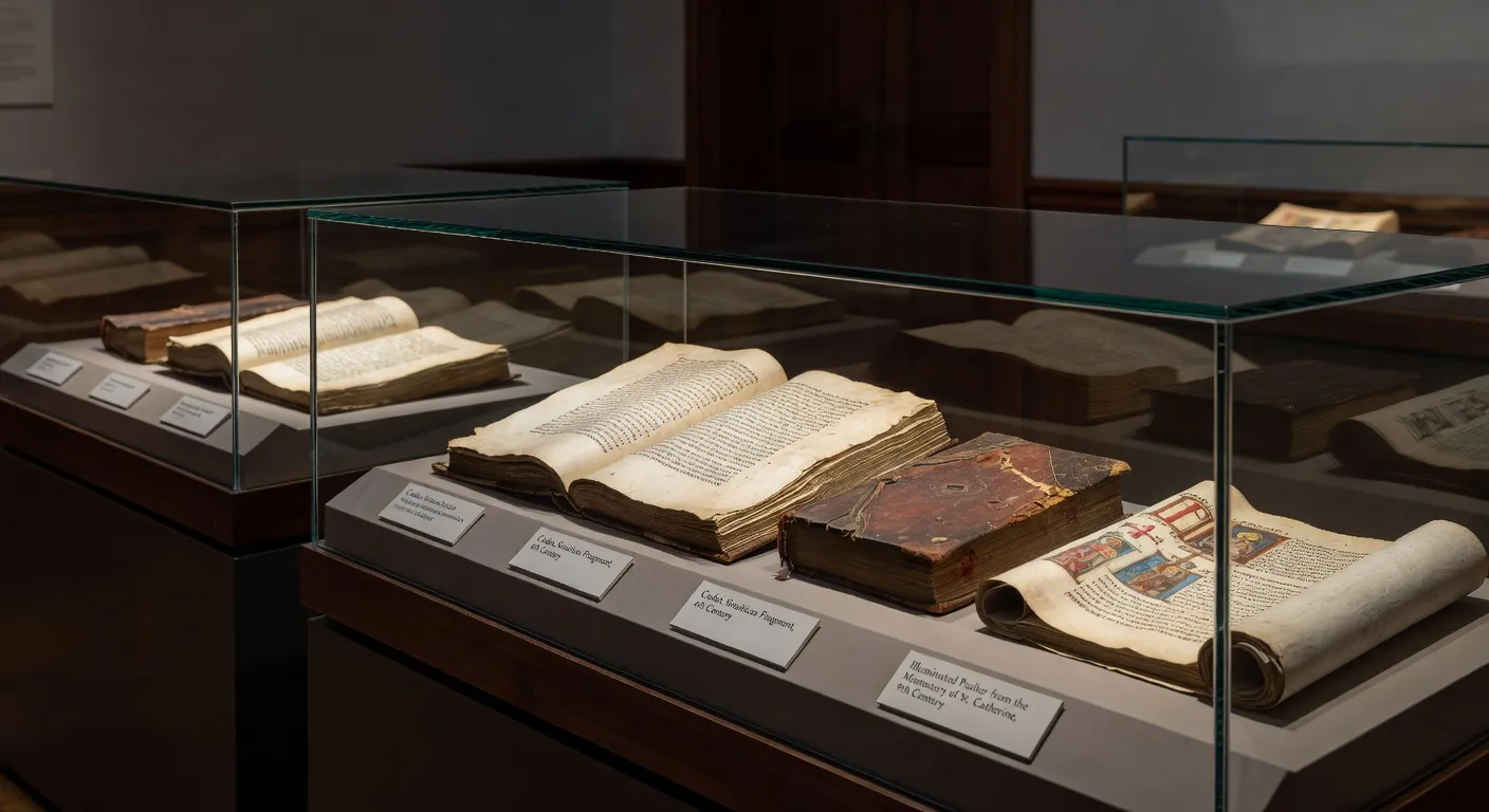 Manuscrits enlumines et livres anciens d'histoire ecclesiastique disposes sur un pupitre de bibliotheque monastique