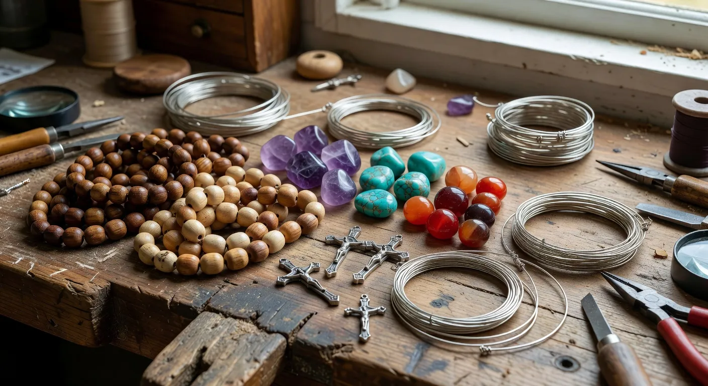 Assortiment de chapelets en bois d'olivier, pierres semi-precieuses et tchotkis en laine nouee