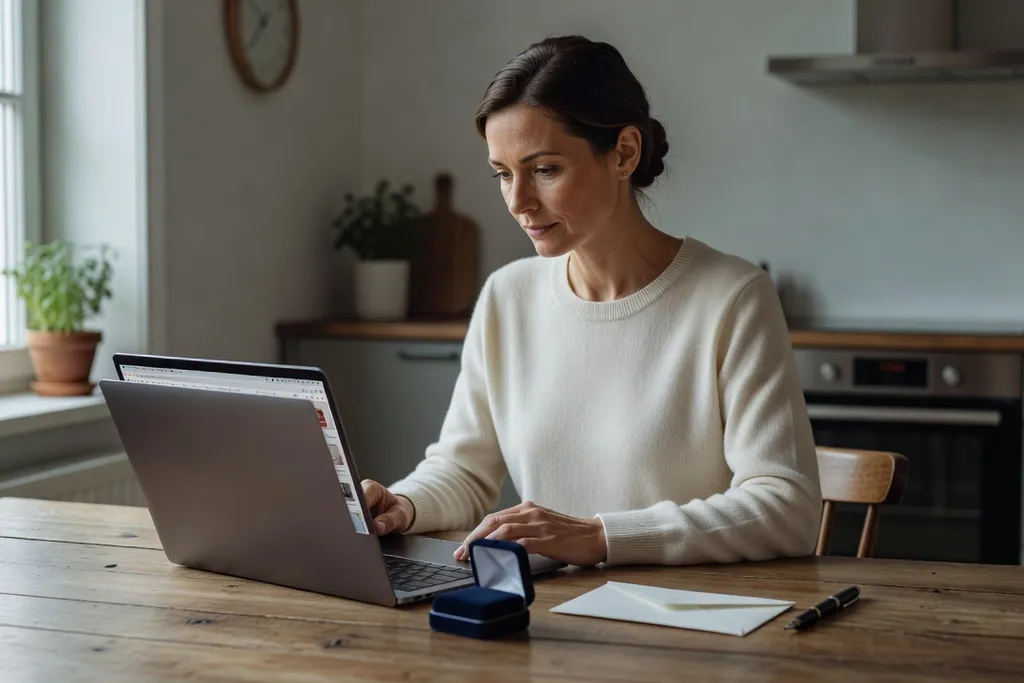 Femme adulte vérifiant une boutique en ligne sur un ordinateur portable avant de commander, une enveloppe et un écrin de médaille posés sur la table