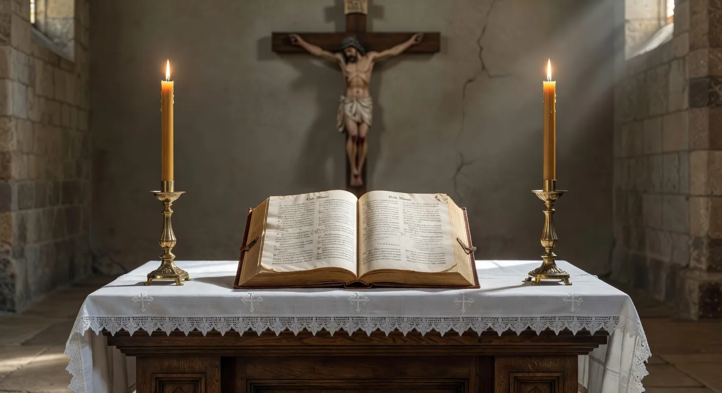 Missel romain ouvert sur un lutrin d'autel encadre de cierges allumes dans une eglise baignee de lumiere doree