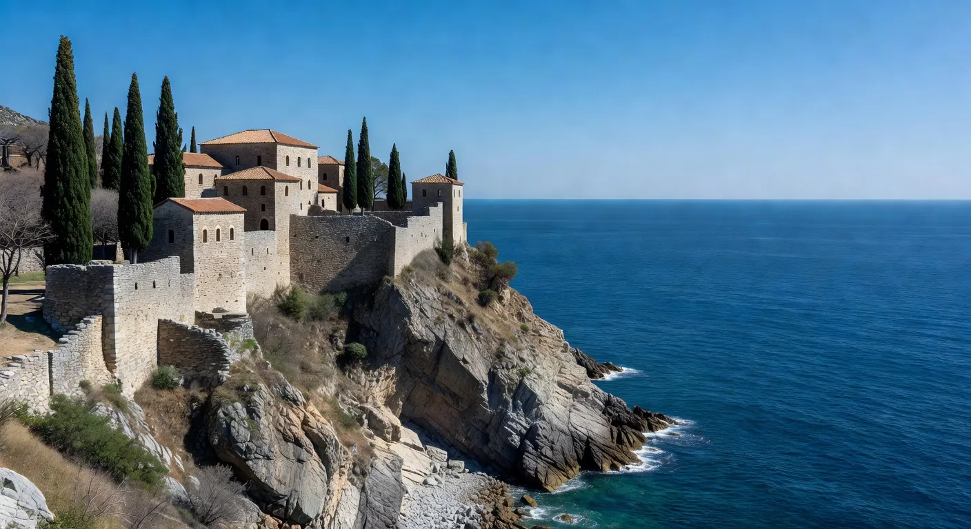 Monastere orthodoxe du Mont Athos perche sur les falaises au-dessus de la mer Egee