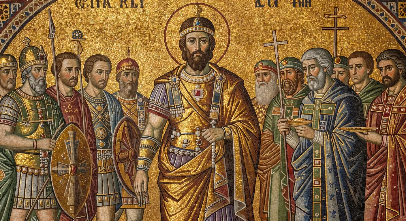 Mosaique byzantine doree de l'imperatrice Theodora et sa cour a San Vitale de Ravenne