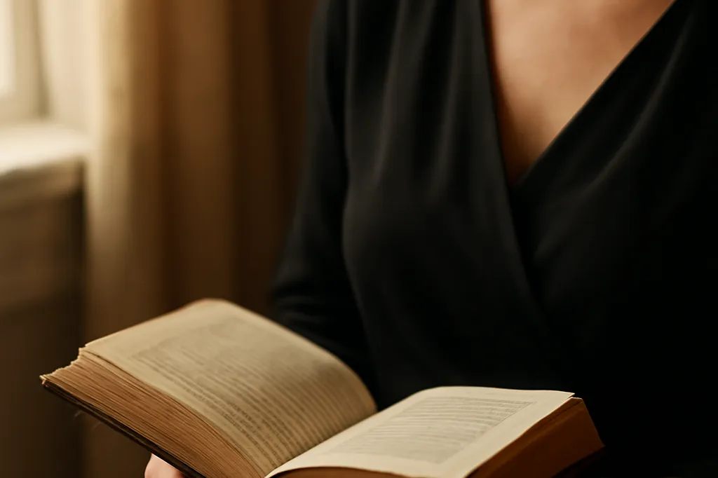Femme lisant un missel ouvert au Notre Père, lumière douce d'une église de pierre