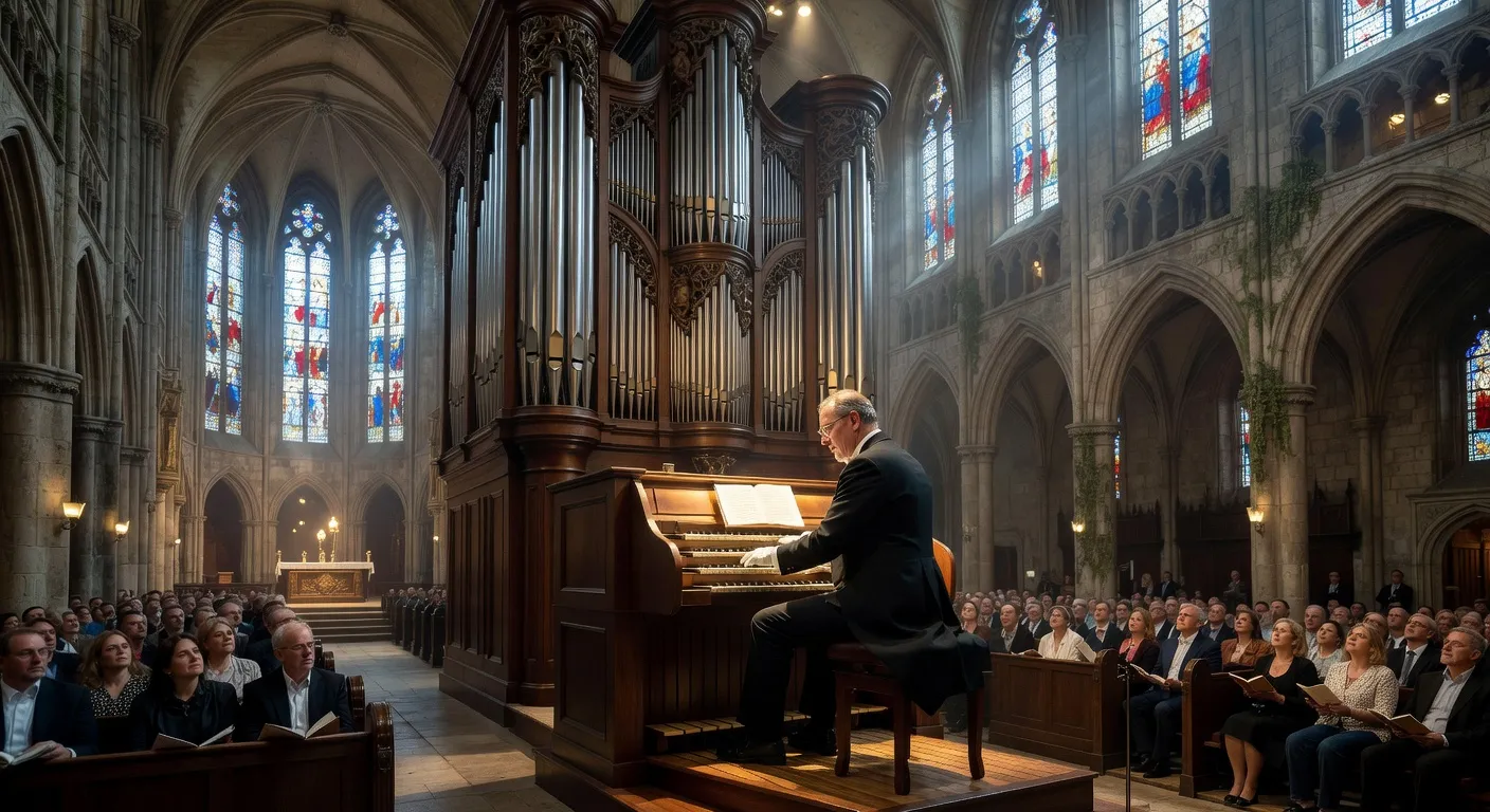 Grand orgue d'une cathedrale gothique pendant un concert de musique sacree
