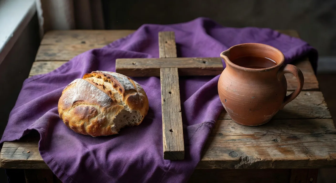 Table frugale avec du pain, de l'eau et une petite croix en bois symbolisant le jeune du careme