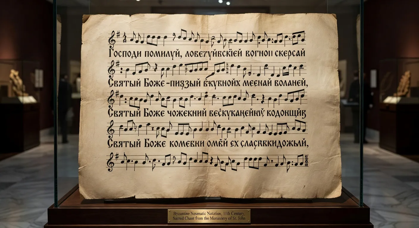 Partitions anciennes de chant sacre orthodoxe en notation byzantine et slavonne posees sur un analogion