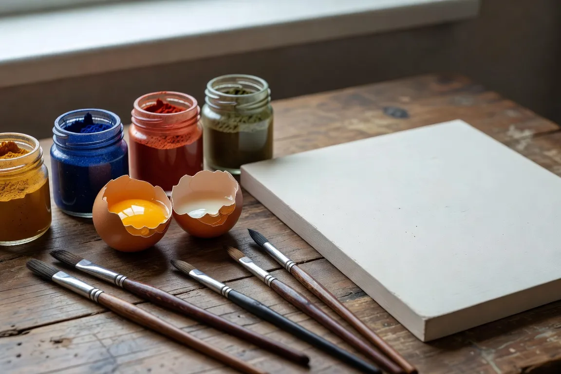 Matériaux d'iconographie traditionnelle : pigments minéraux, jaune d'œuf, pinceau fin, panneau de bois préparé au gesso blanc