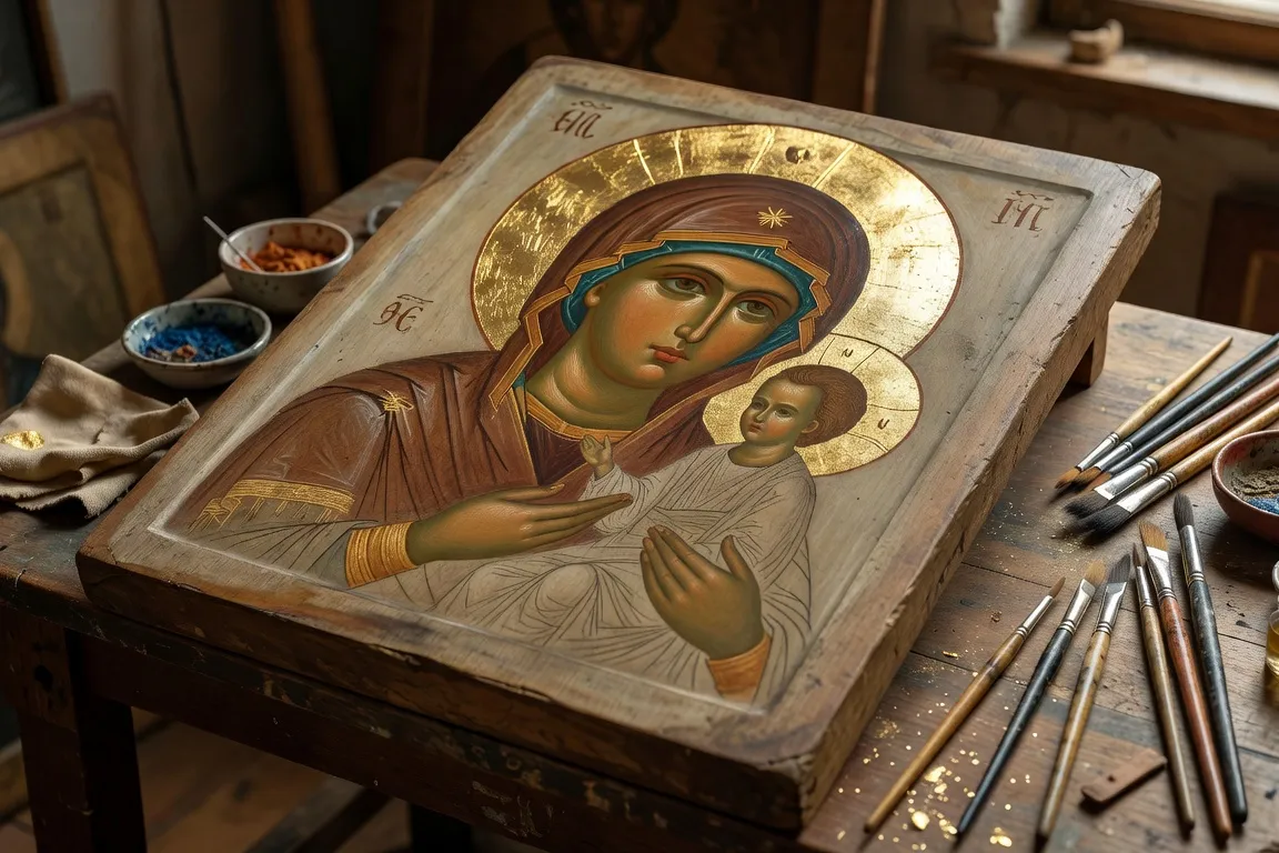 Icône de la Vierge Hodigitria en cours de création, dorure à la feuille d'or sur les nimbes, atelier lumineux