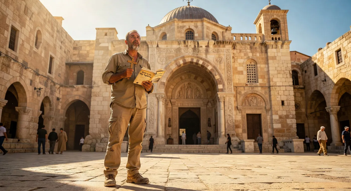 Pelerins chretiens devant le Saint-Sepulcre a Jerusalem en Terre Sainte