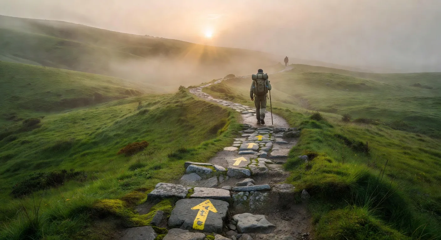 Pelerin avec son baton et sa coquille marchant sur le chemin de Saint-Jacques-de-Compostelle