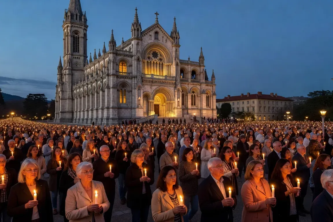 Vue de la basilique de Lourdes au coucher du soleil avec une procession aux flambeaux sur l'esplanade