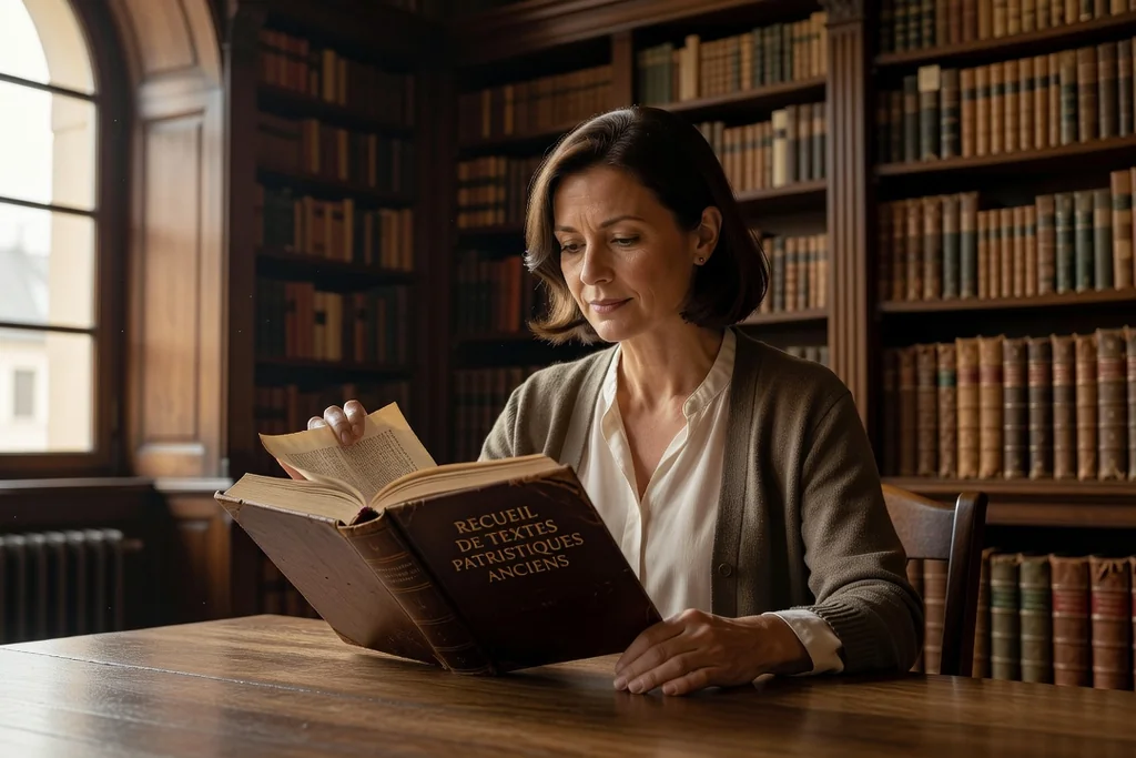 Femme adulte lisant un recueil de textes patristiques anciens à la table d'une bibliothèque, lumière naturelle douce
