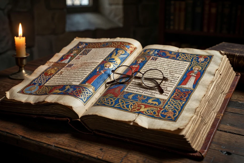 Ancien manuscrit monastique ouvert avec enluminures et une paire de lunettes de lecture posée sur la page, lumière tamisée