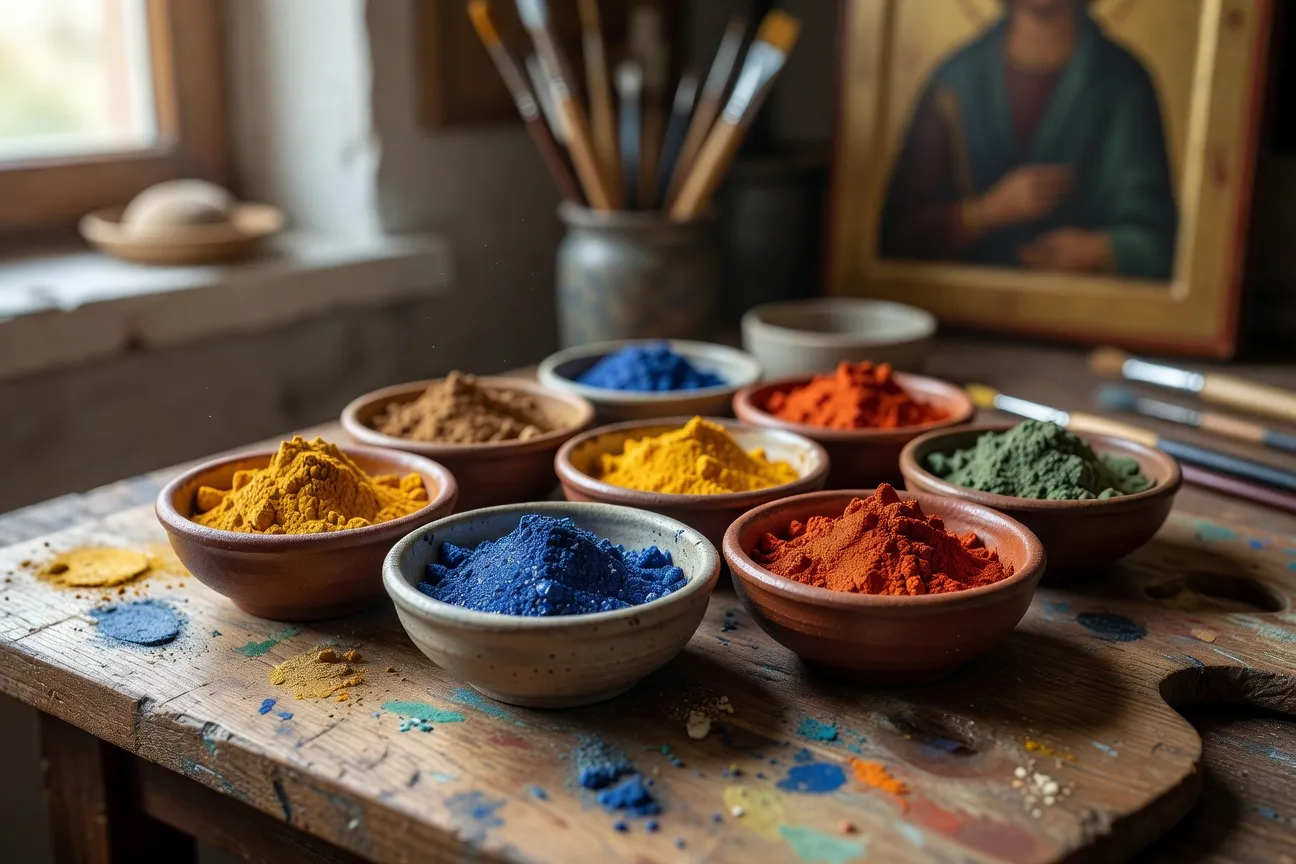 Atelier d'iconographe avec pigments naturels, pinceaux et panneau de bois en cours de preparation