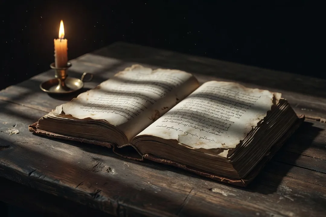 Édition ancienne des poèmes de saint Jean de la Croix ouverte sur une table en bois, à la lumière d'une bougie
