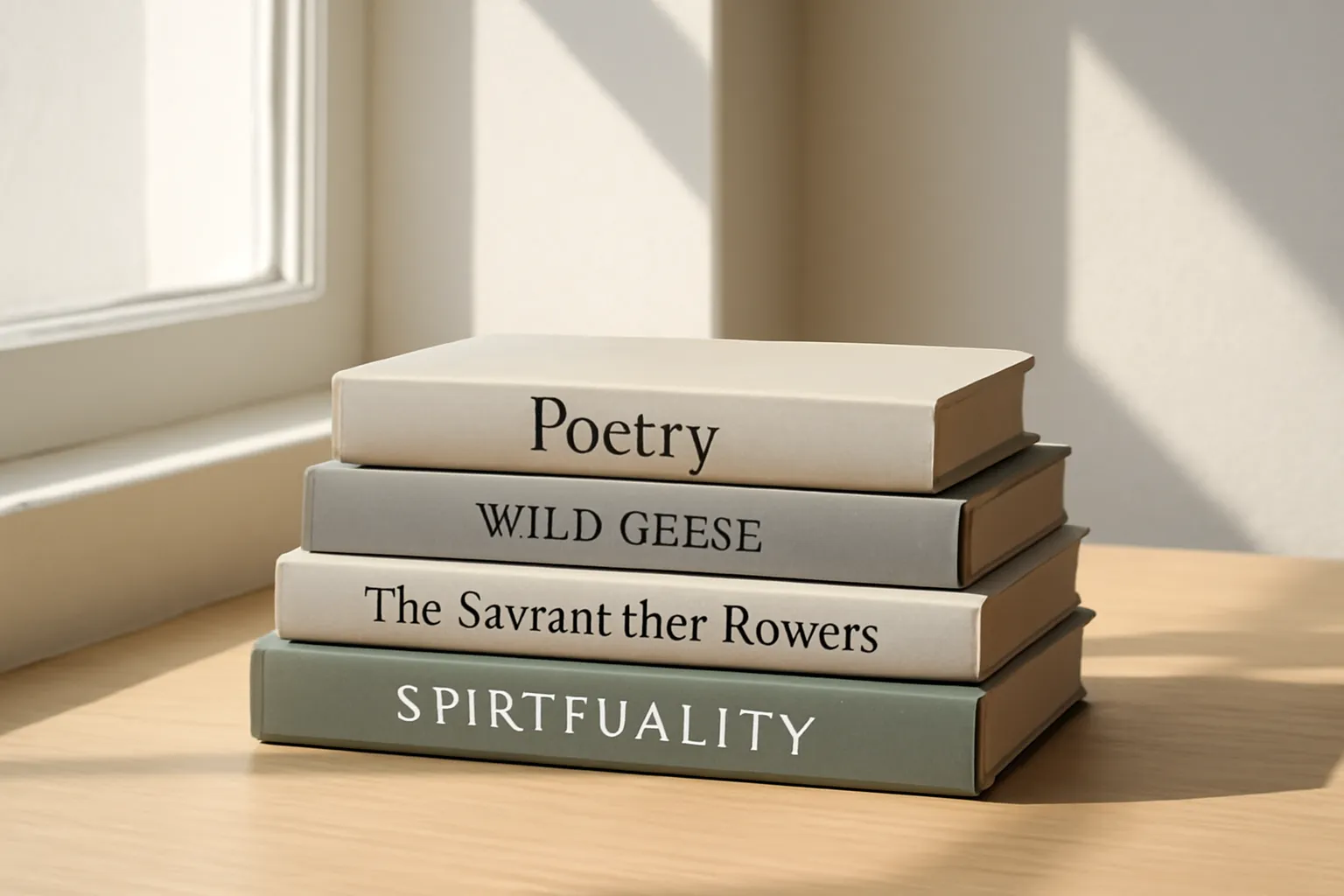 Petite pile de recueils de poésie contemporaine et de spiritualité posée près d'une fenêtre